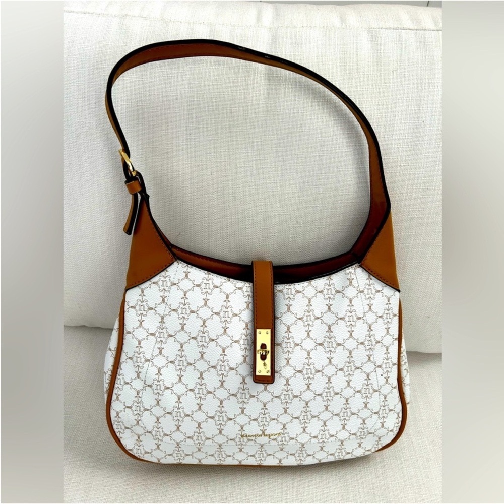 Nanette Lepore Maxene Short Shoulder Monogrammed Bucket Bag Almond